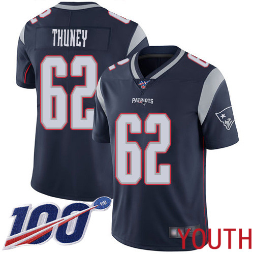 New England Patriots Football #62 Vapor Untouchable 100th Season Limited Navy Blue Youth Joe Thuney Home NFL Jersey